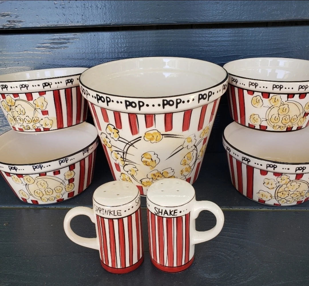 Popcorn For Four (4) Ceramic Bowls, 7 Piece Set, Including Shakers by Tabletops Unlimited