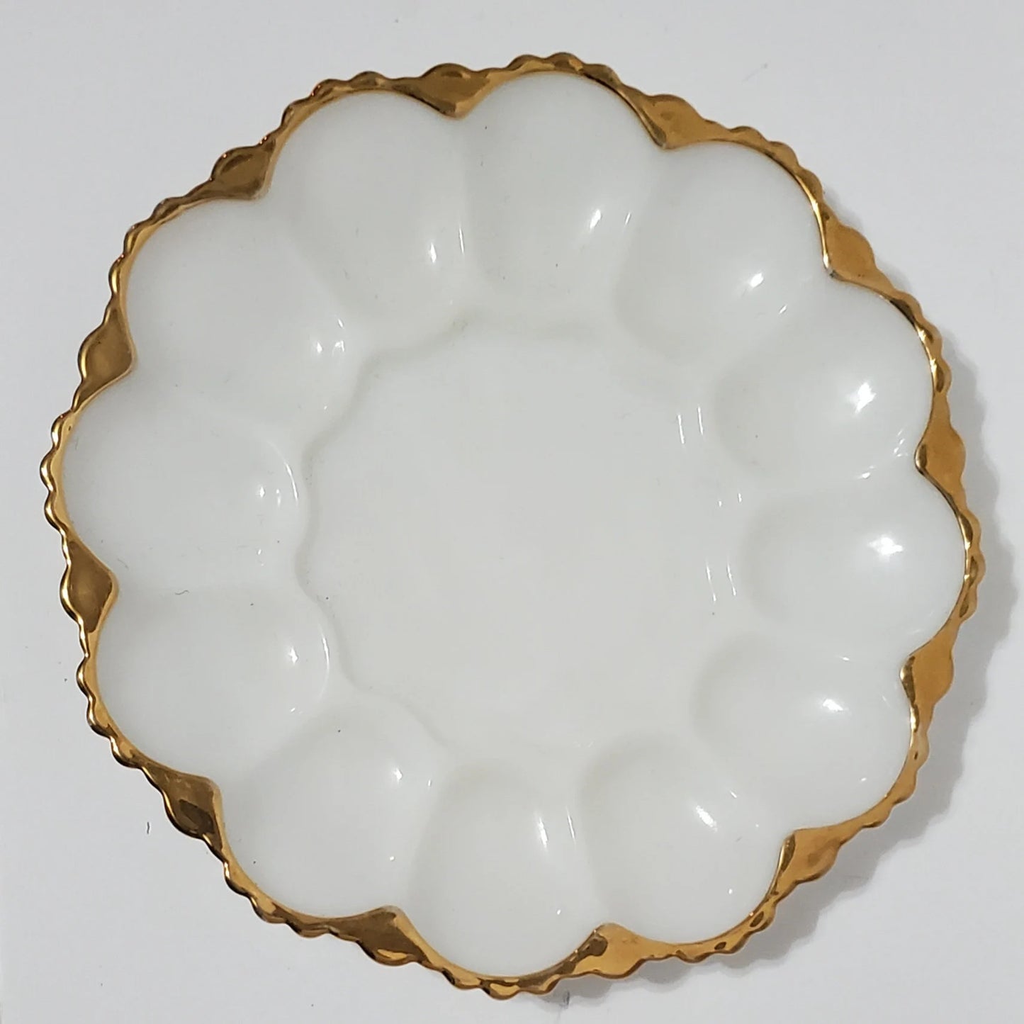 Vintage Anchor Hocking White Milk Glass Oyster / Deviled Egg Plate Server Dish With Gold Trim ~ 10"