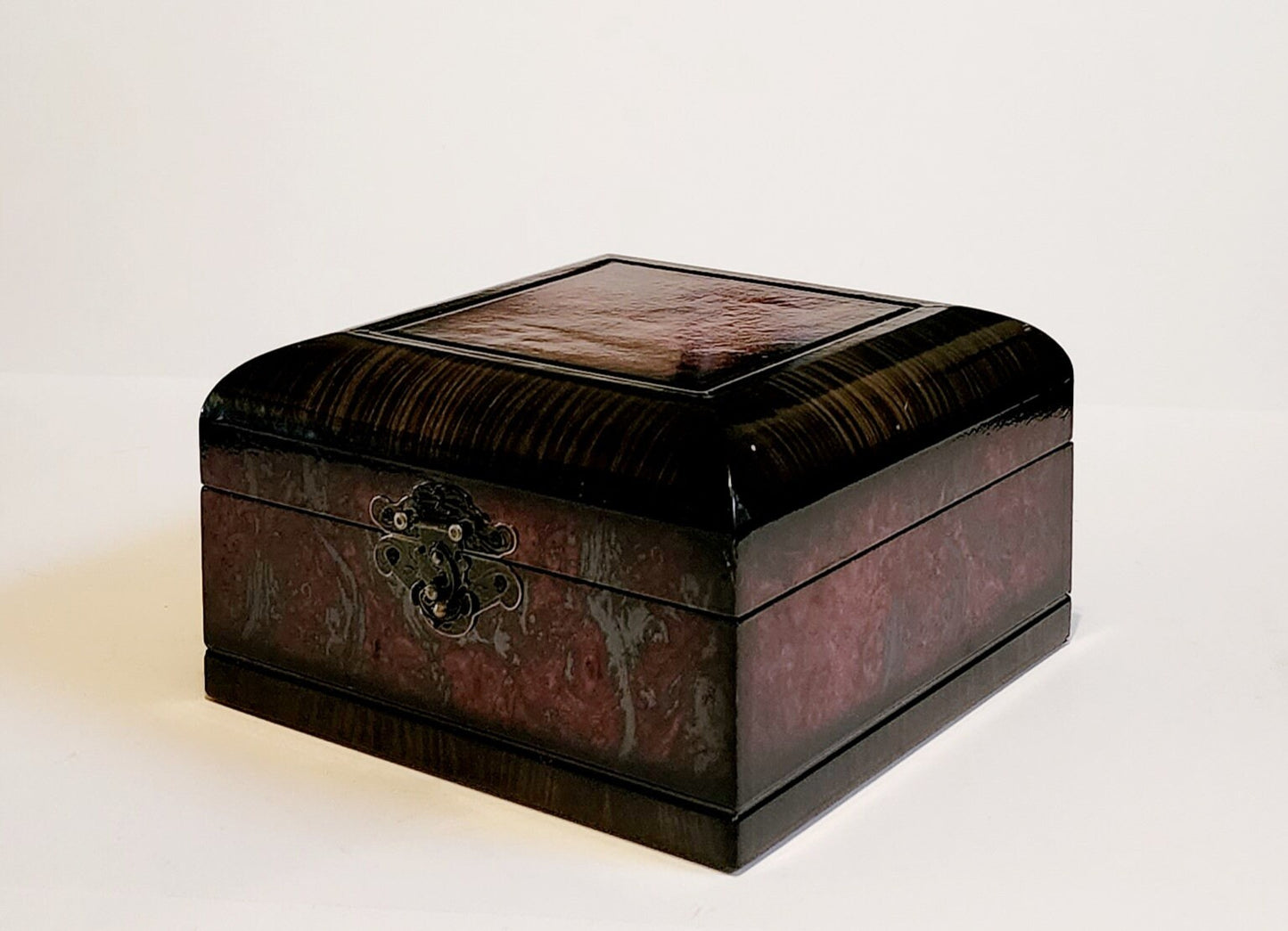Vintage Lacquered Two-Toned Velvet-Lined Wooden Keepsake Box ~ 9"