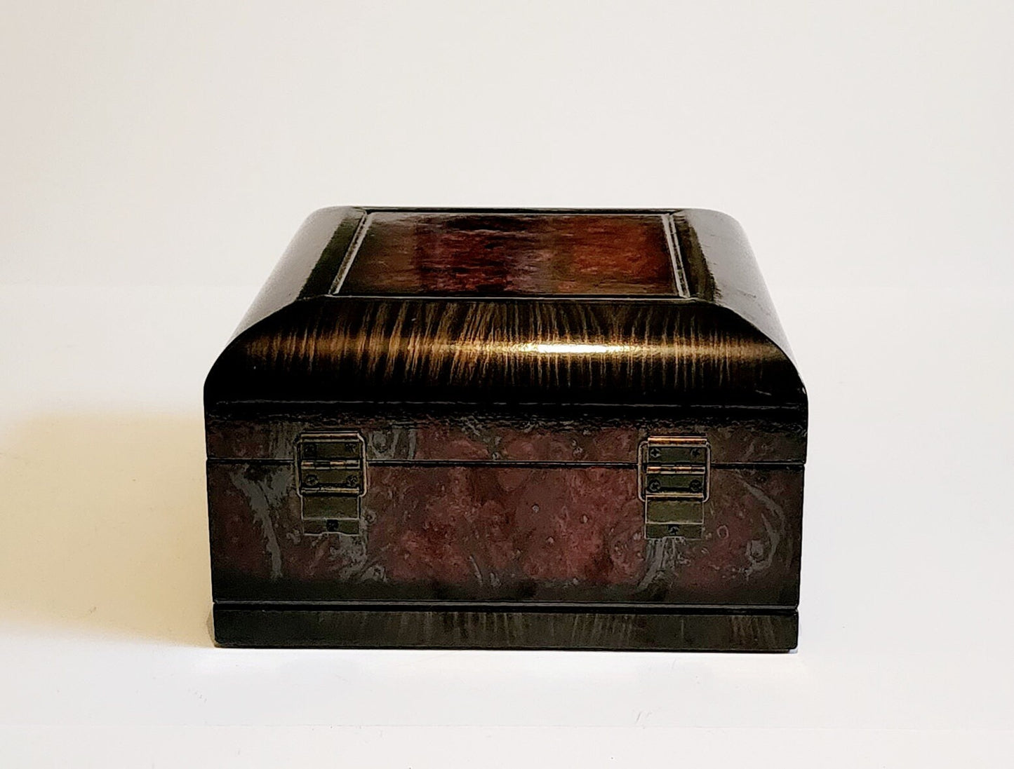 Vintage Lacquered Two-Toned Velvet-Lined Wooden Keepsake Box ~ 9"