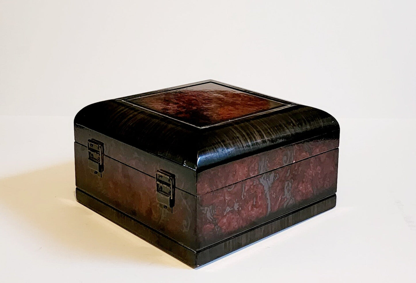 Vintage Lacquered Two-Toned Velvet-Lined Wooden Keepsake Box ~ 9"