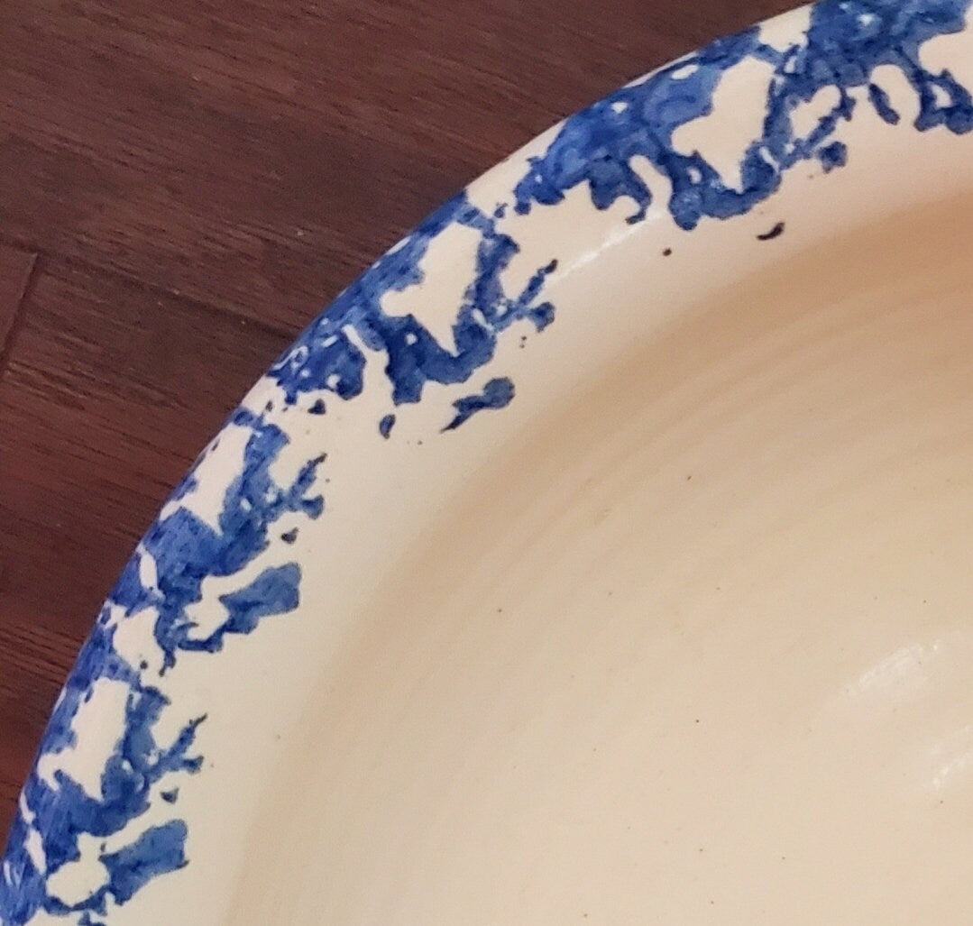 Vintage Rustic Heavy Marshall Pottery Aged Blue/White Hand Painted Spongeware Ceramic Love That Popcorn Bowl - Timeless Treasures Emporium1