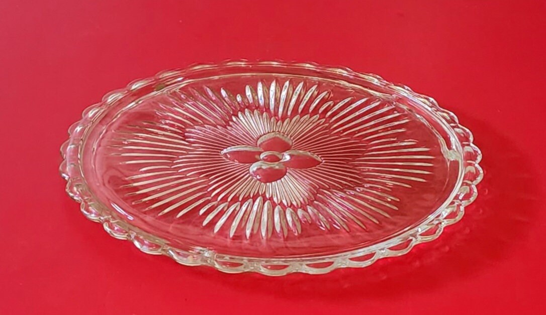 Vintage Round Clear Footed Indiana Glass Flower Sunburst Cake Plate 1960's Pressed Glass Cake Platter 11" with Scalloped Edges ~ #3355 - Timeless Treasures Emporium1
