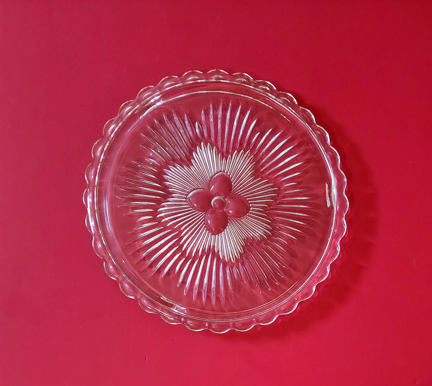 Vintage Round Clear Footed Indiana Glass Flower Sunburst Cake Plate 1960's Pressed Glass Cake Platter 11" with Scalloped Edges ~ #3355 - Timeless Treasures Emporium1