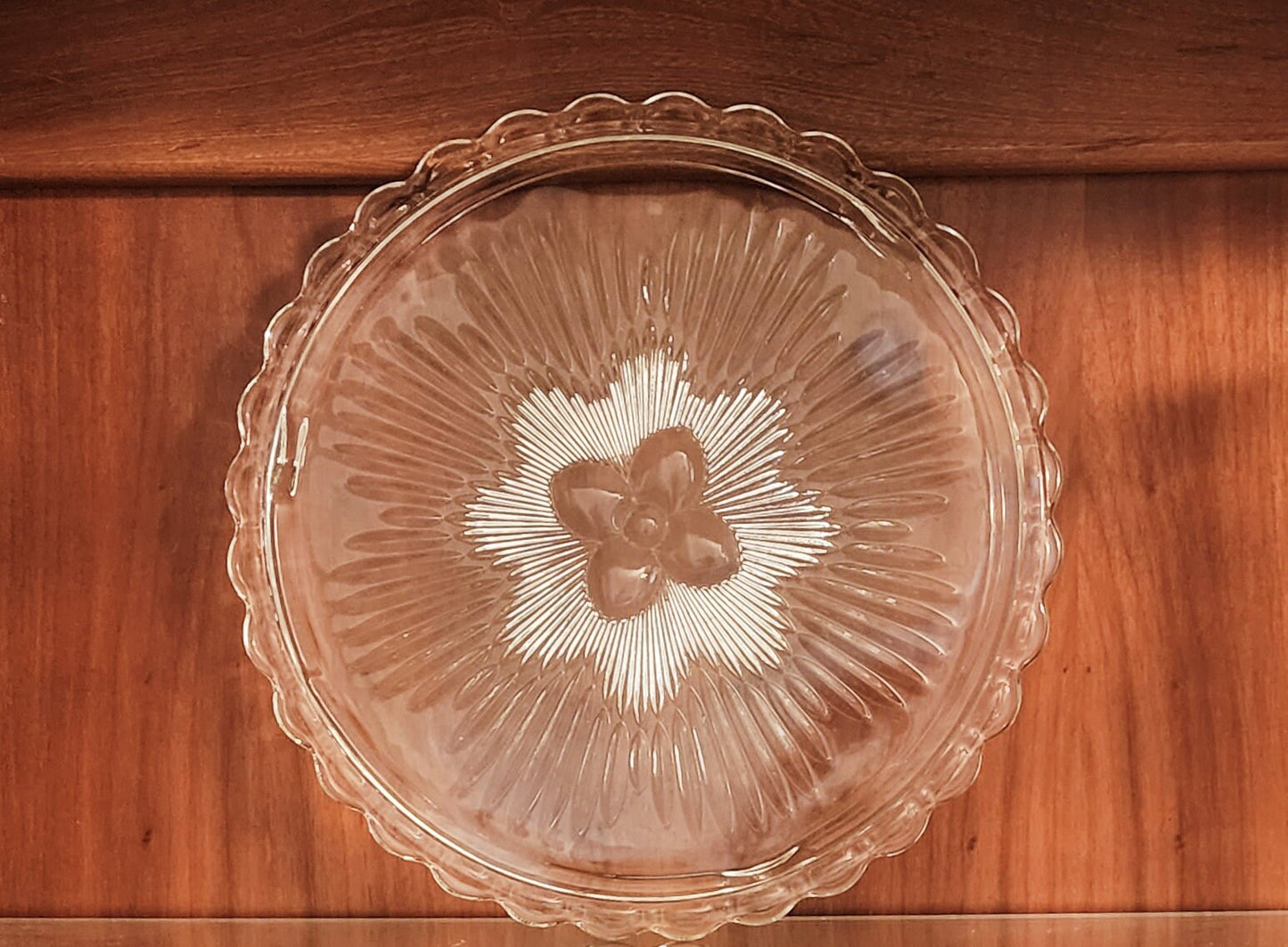 Vintage Round Clear Footed Indiana Glass Flower Sunburst Cake Plate 1960's Pressed Glass Cake Platter 11" with Scalloped Edges ~ #3355 - Timeless Treasures Emporium1