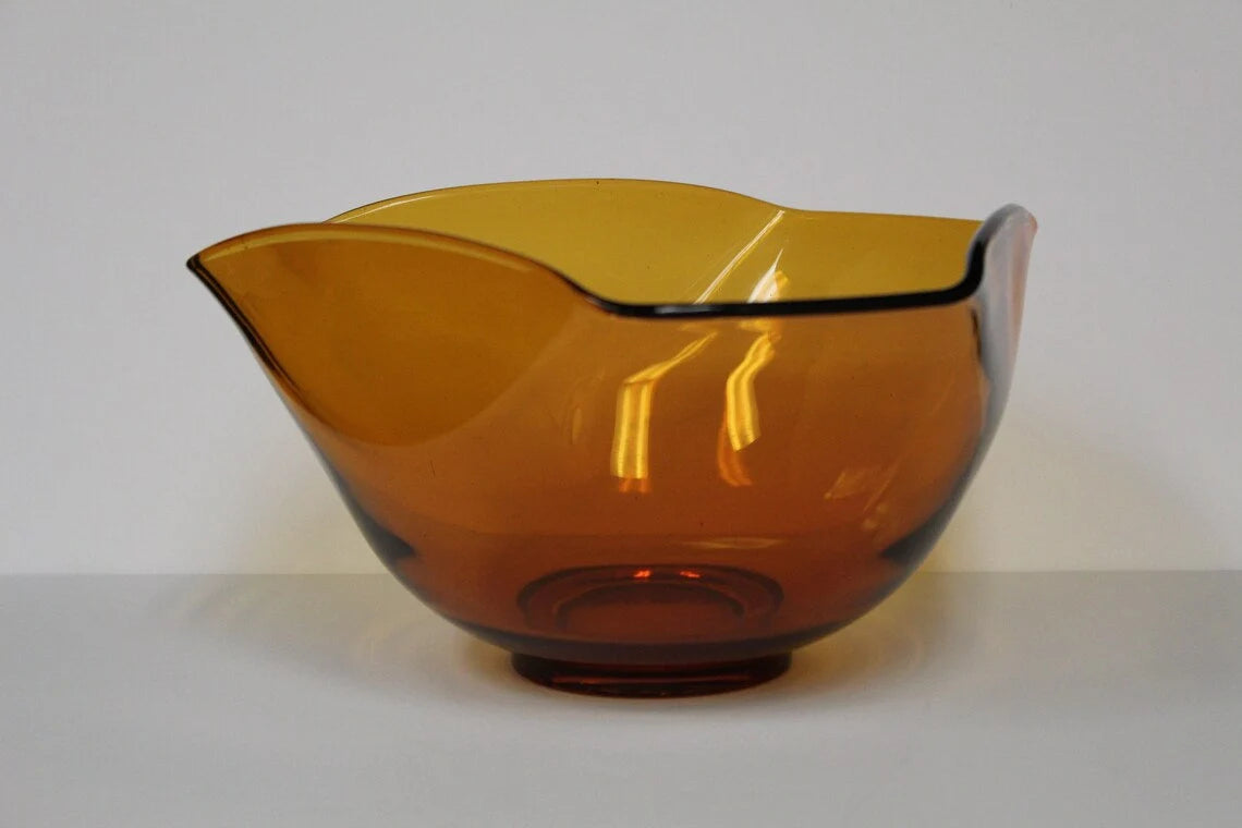 Vintage Amber Glass Scalloped/Flared Triangular Shaped Anchor Hocking Wavy Rim Serving Bowl ~ 10 1/4"