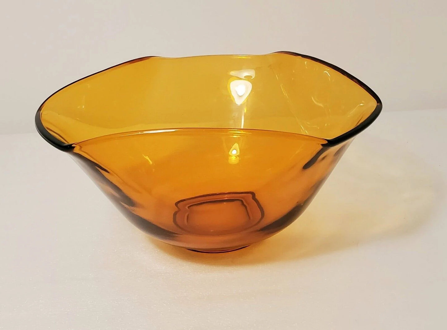 Vintage Amber Glass Scalloped/Flared Triangular Shaped Anchor Hocking Wavy Rim Serving Bowl ~ 10 1/4"