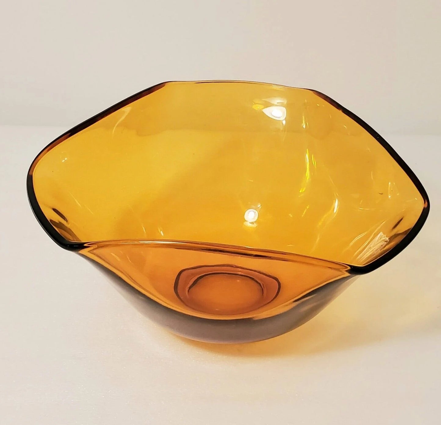 Vintage Amber Glass Scalloped/Flared Triangular Shaped Anchor Hocking Wavy Rim Serving Bowl ~ 10 1/4"