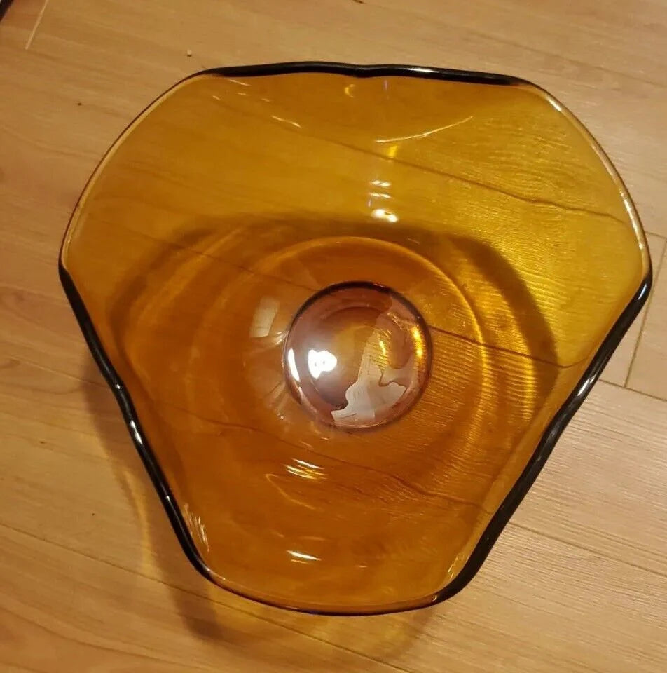 Vintage Amber Glass Scalloped/Flared Triangular Shaped Anchor Hocking Wavy Rim Serving Bowl ~ 10 1/4"