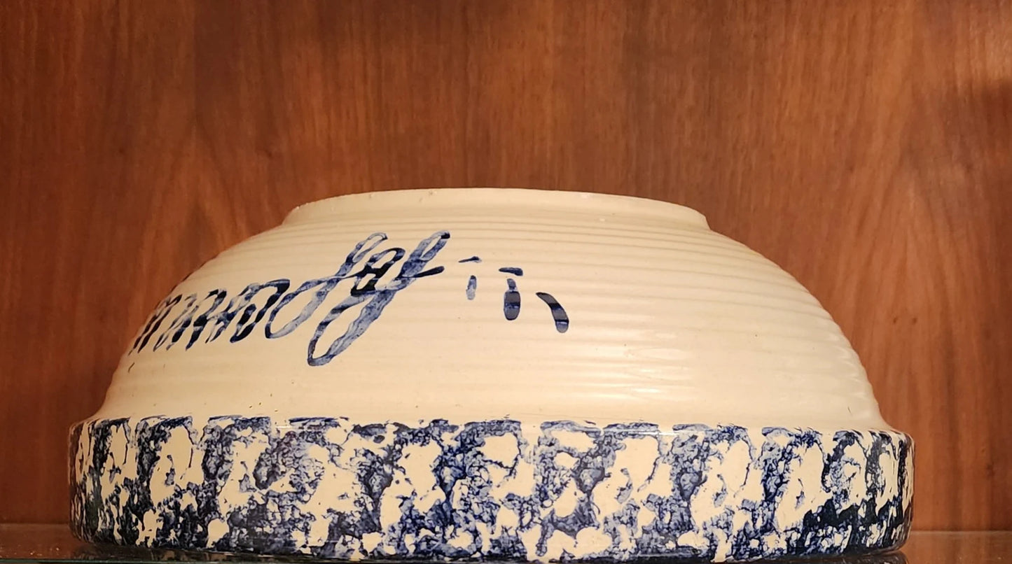 Vintage Rustic Heavy Pottery Aged Blue/White Hand Painted Spongeware Ceramic Popcorn Is Sharing Bowl - Timeless Treasures Emporium1