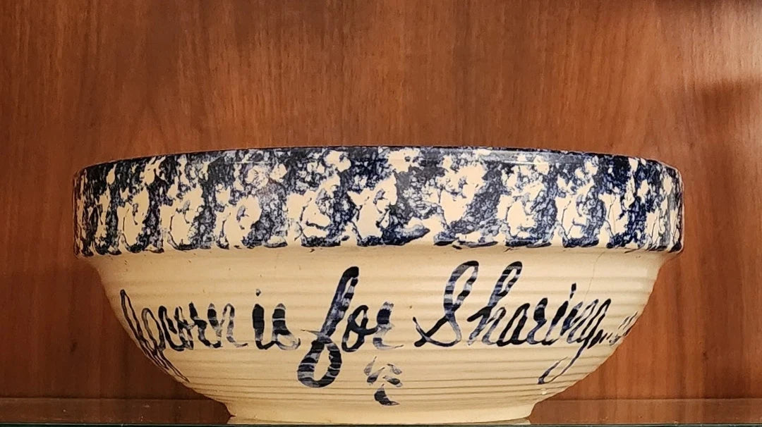 Vintage Rustic Heavy Pottery Aged Blue/White Hand Painted Spongeware Ceramic Popcorn Is Sharing Bowl - Timeless Treasures Emporium1