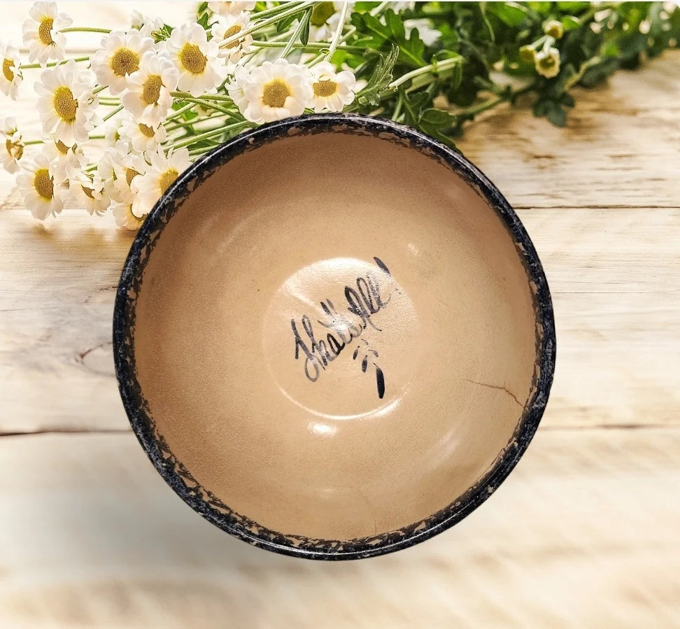 Vintage Rustic Heavy Pottery Aged Blue/White Hand Painted Spongeware Ceramic Popcorn Is Sharing Bowl - Timeless Treasures Emporium1