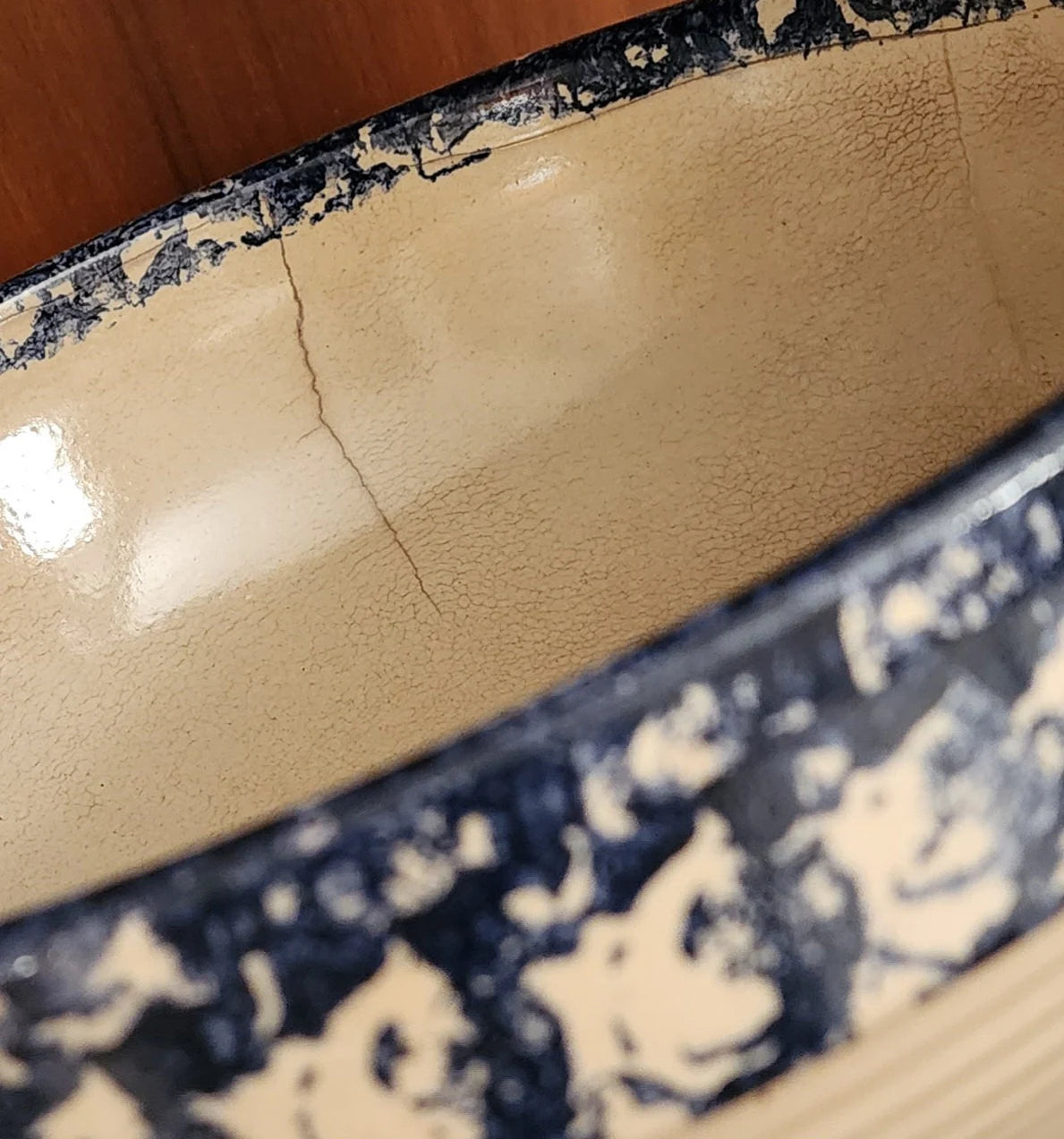 Vintage Rustic Heavy Pottery Aged Blue/White Hand Painted Spongeware Ceramic Popcorn Is Sharing Bowl - Timeless Treasures Emporium1