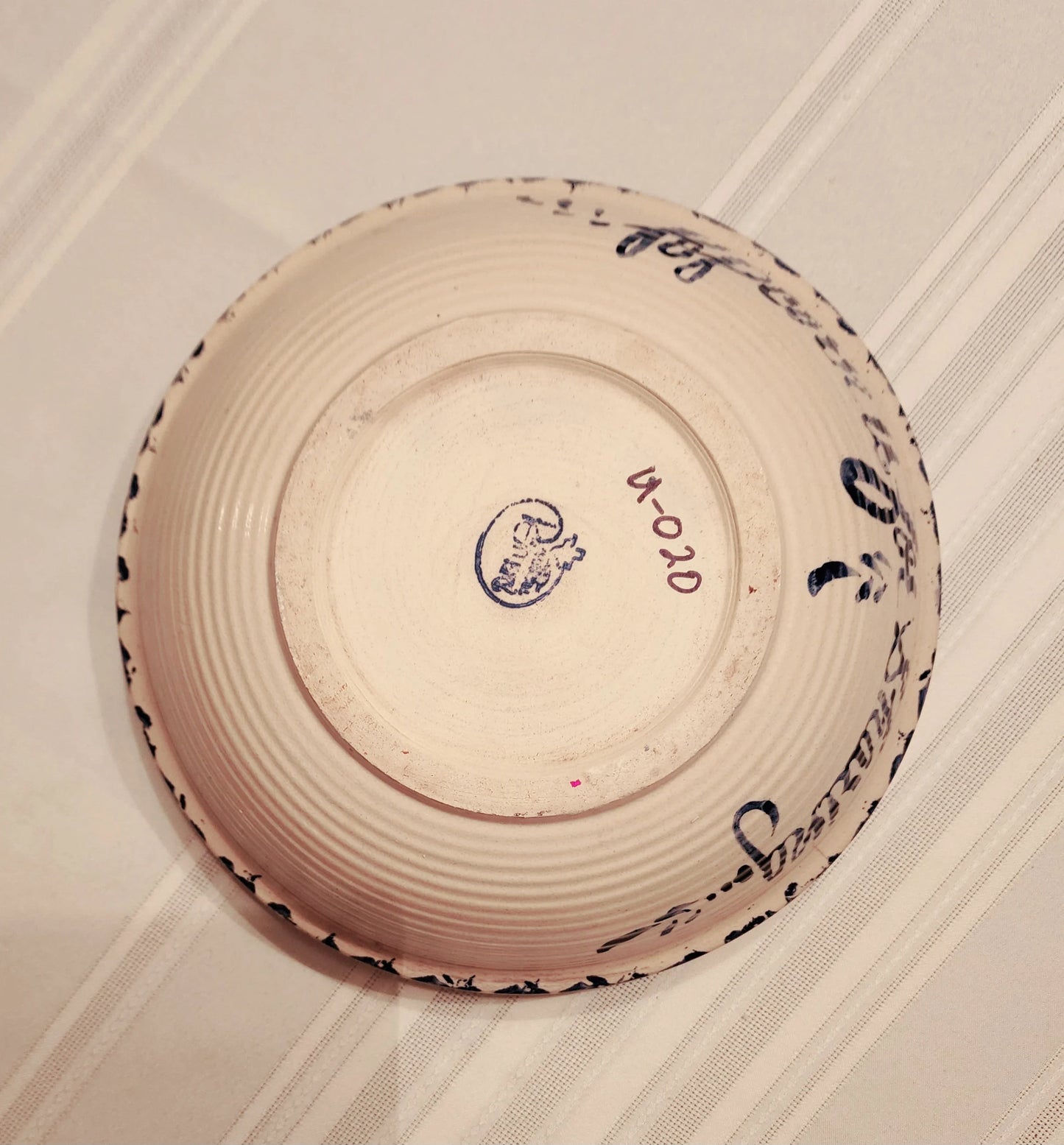 Vintage Rustic Heavy Pottery Aged Blue/White Hand Painted Spongeware Ceramic Popcorn Is Sharing Bowl - Timeless Treasures Emporium1