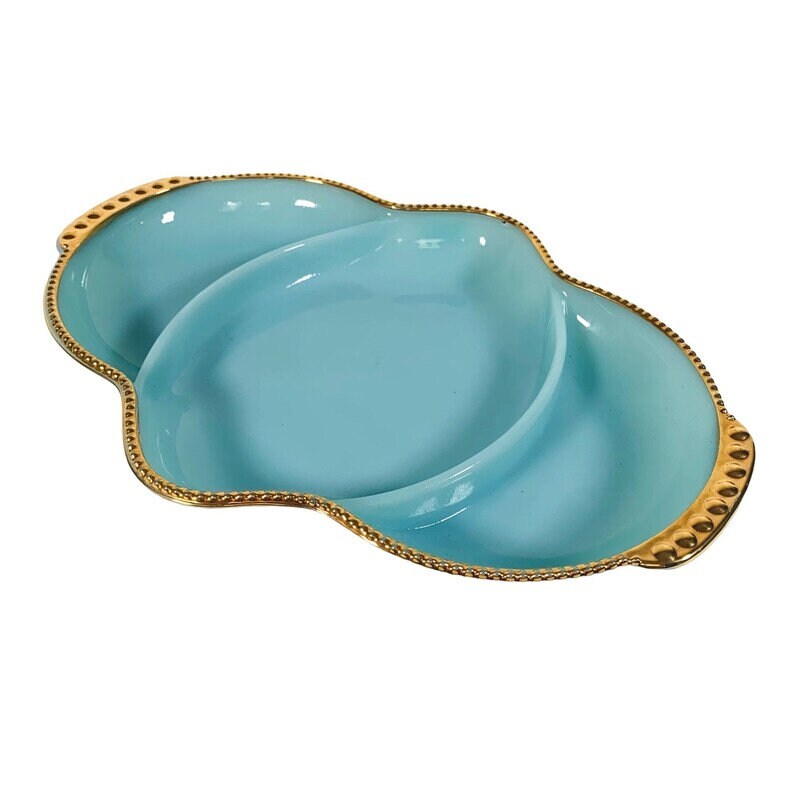 VTG Anchor Hocking FIRE KING Ware No. 18 / Delphite Blue Glass Divided 3 Section Oven Ware Relish / Candy Serving / Nuts Dish Gold Trim 11" - Timeless Treasures Emporium1