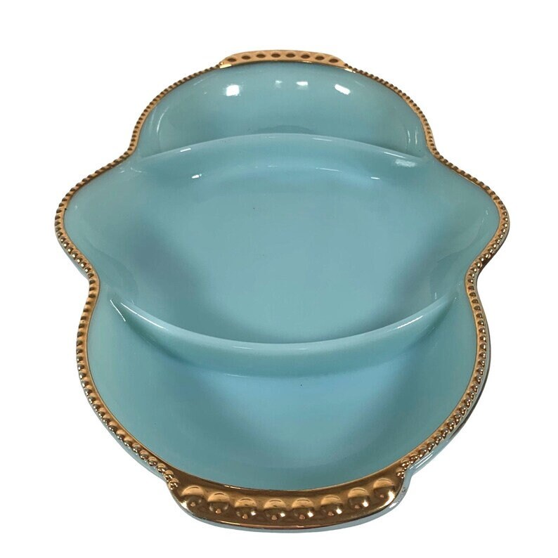 VTG Anchor Hocking FIRE KING Ware No. 18 / Delphite Blue Glass Divided 3 Section Oven Ware Relish / Candy Serving / Nuts Dish Gold Trim 11" - Timeless Treasures Emporium1