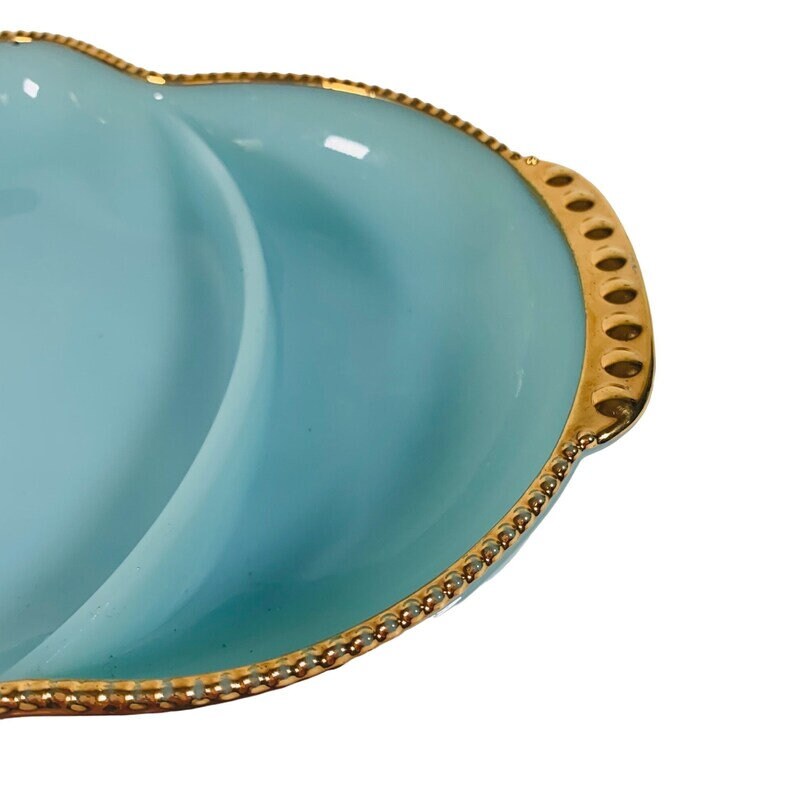 VTG Anchor Hocking FIRE KING Ware No. 18 / Delphite Blue Glass Divided 3 Section Oven Ware Relish / Candy Serving / Nuts Dish Gold Trim 11" - Timeless Treasures Emporium1