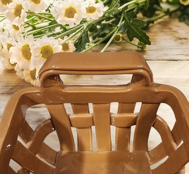 Rare Vintage Peanut Butter/Brown/Tan Lattice Basket Weave Pottery Tan Art Ceramic Pottery Home Decor ~ Large