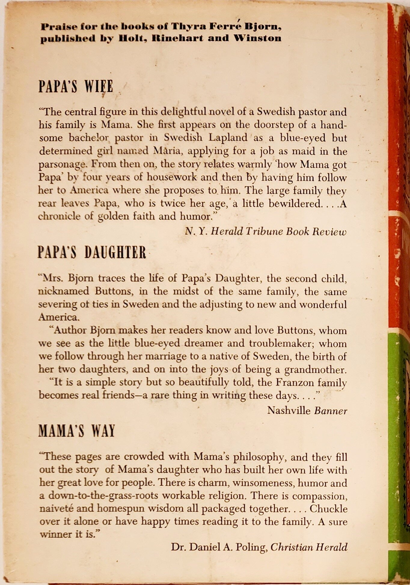 Papa's Wife (Book #1 in the The Franzons Series) by Thyra Ferré Björn and Thyra Ferre Bjorn HC/DJ 1969