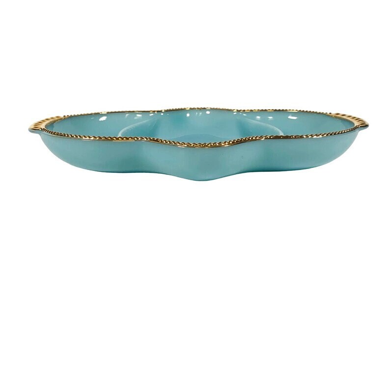 VTG Anchor Hocking FIRE KING Ware No. 18 / Delphite Blue Glass Divided 3 Section Oven Ware Relish / Candy Serving / Nuts Dish Gold Trim 11" - Timeless Treasures Emporium1