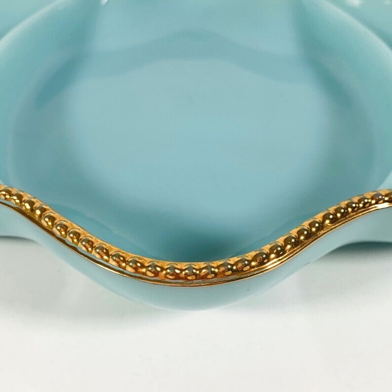 VTG Anchor Hocking FIRE KING Ware No. 18 / Delphite Blue Glass Divided 3 Section Oven Ware Relish / Candy Serving / Nuts Dish Gold Trim 11" - Timeless Treasures Emporium1