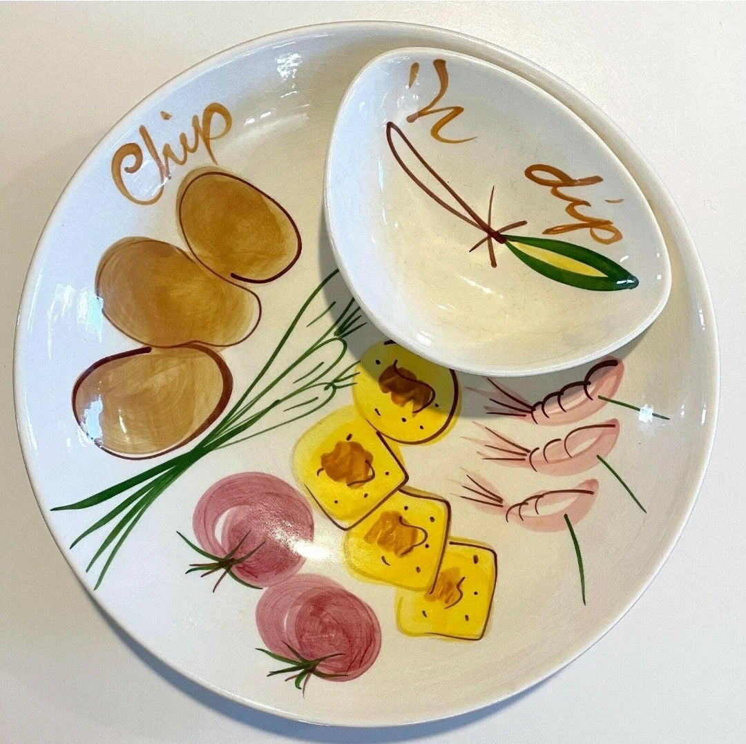 Large Vintage Los Angeles Potteries Hand-Painted Chips-N-Dip Set 700-75 C1956 MCM Mid Century Chips & Dip Bowl, 13 1/2"D - Timeless Treasures Emporium1