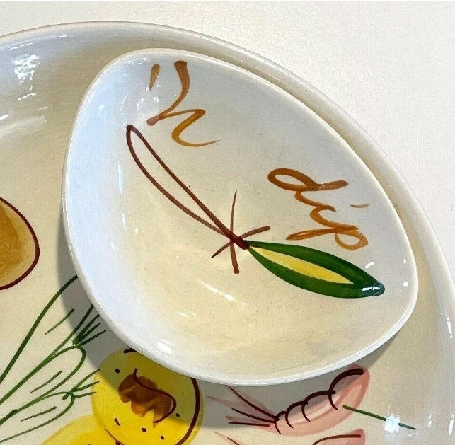 Large Vintage Los Angeles Potteries Hand-Painted Chips-N-Dip Set 700-75 C1956 MCM Mid Century Chips & Dip Bowl, 13 1/2"D - Timeless Treasures Emporium1