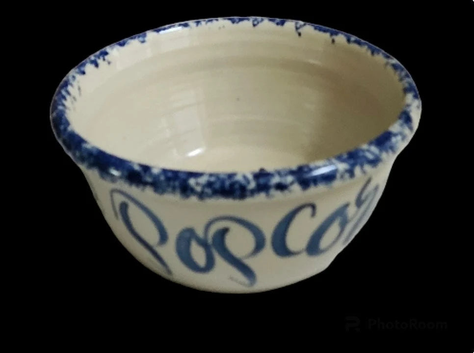Vintage Rustic Heavy Marshall Pottery Aged Blue/White Hand Painted Spongeware Ceramic Popcorn Bowl - 10.5" - Timeless Treasures Emporium1
