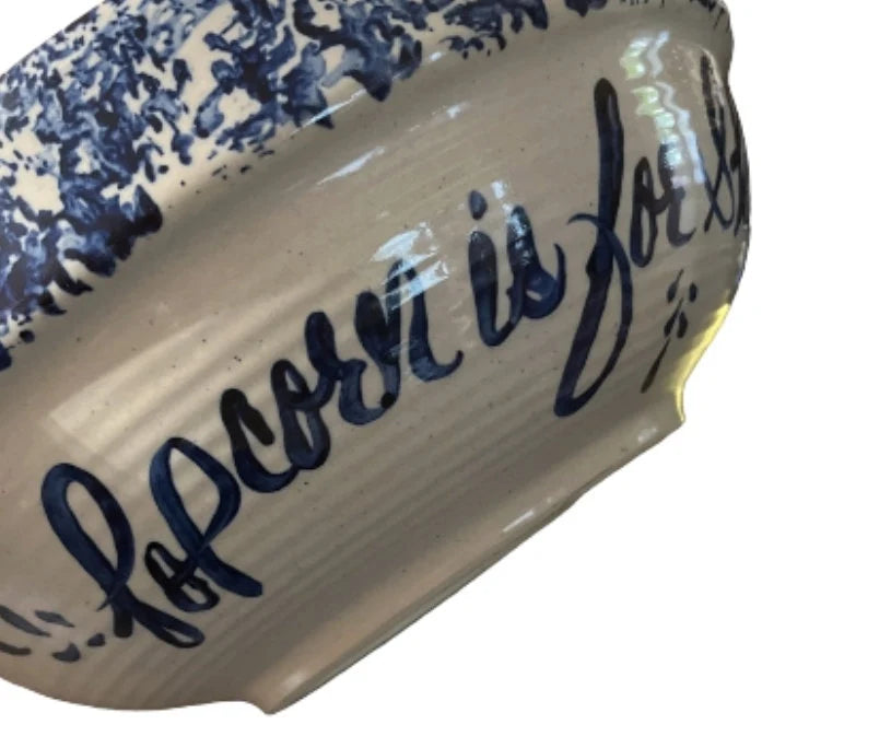 Vintage Rustic Heavy Pottery Aged Blue/White Hand Painted Large Spongeware Ceramic Popcorn Is Sharing Bowl - Timeless Treasures Emporium1