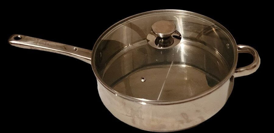 Vintage JC Penney Home Cooks Stainless Steel 11.5" 4.5QT 3"D Skillet Pan with Handle and Glass Lid - Timeless Treasures Emporium1