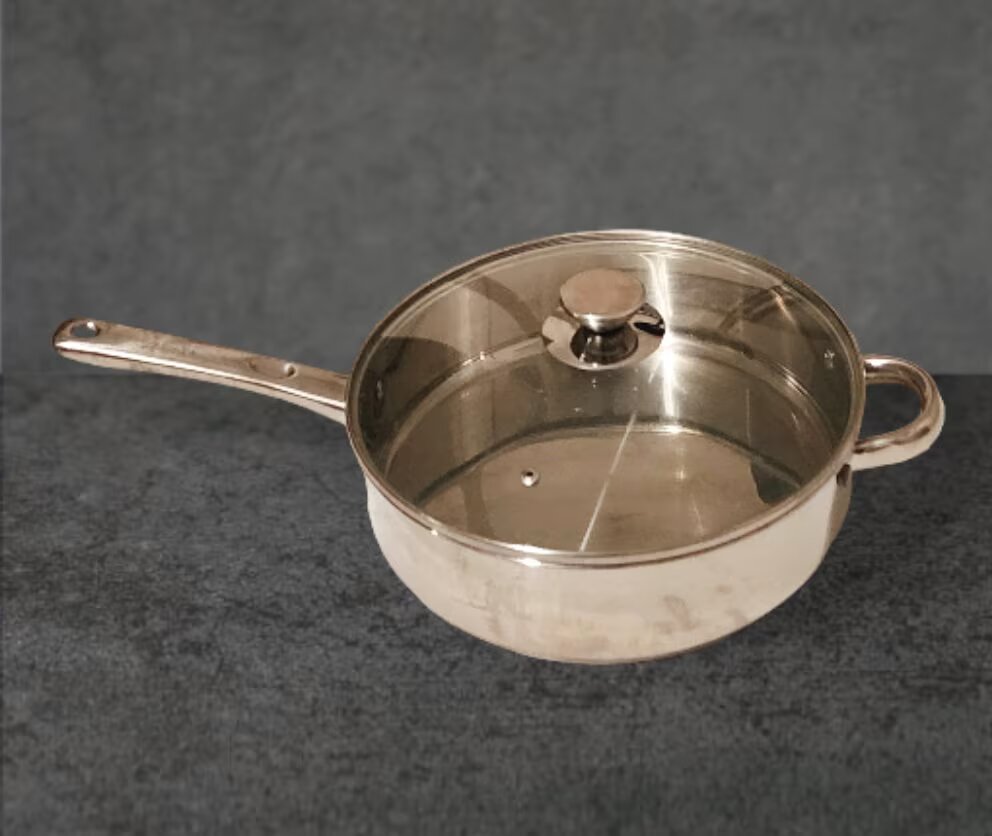 Vintage JC Penney Home Cooks Stainless Steel 11.5" 4.5QT 3"D Skillet Pan with Handle and Glass Lid - Timeless Treasures Emporium1
