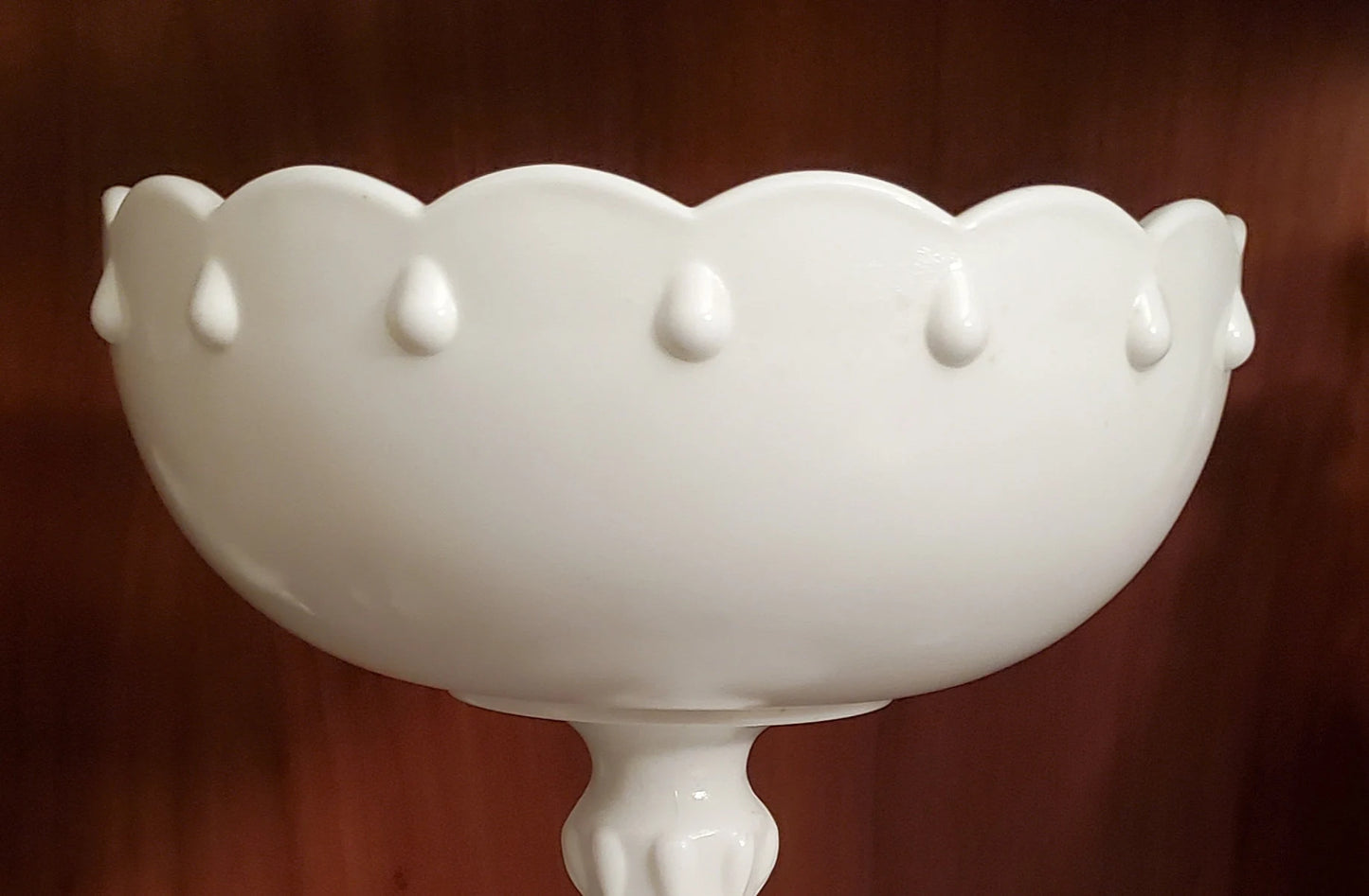 Vintage Indiana Glass Teardrop Design Milk Glass Compote Pedestal Compote Bowl 7.5” Scalloped - Timeless Treasures Emporium1
