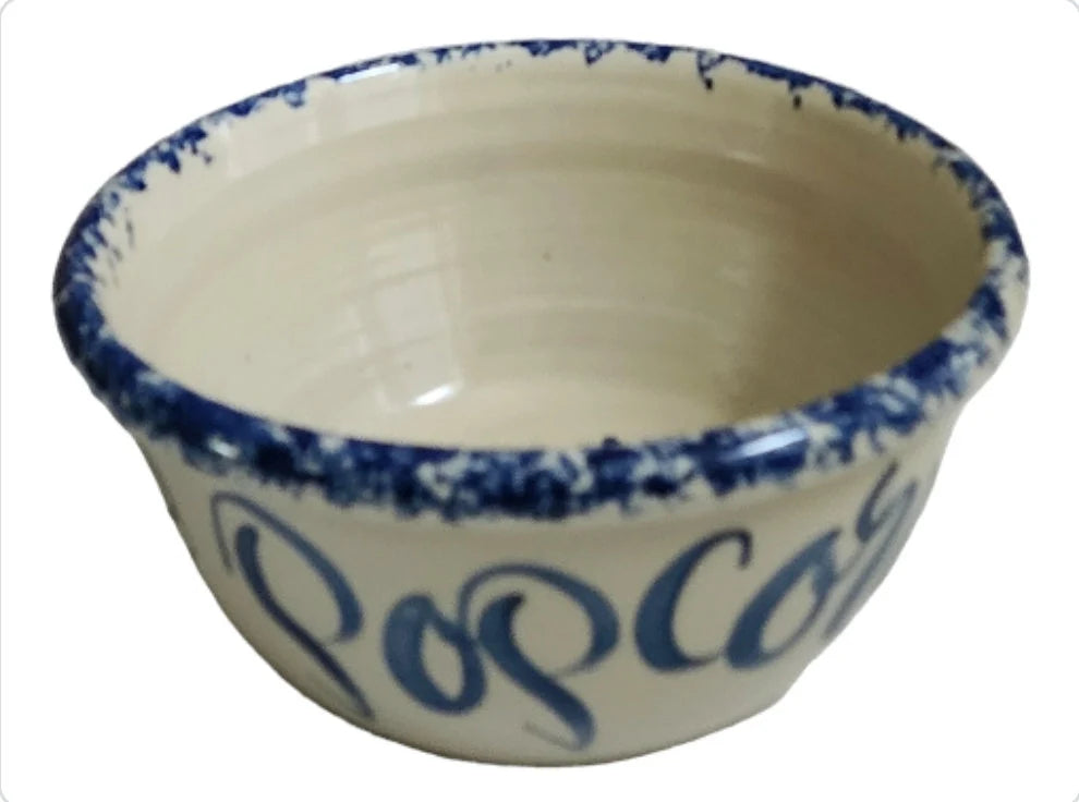 Vintage Rustic Heavy Marshall Pottery Aged Blue/White Hand Painted Spongeware Ceramic Popcorn Bowl - 10.5" - Timeless Treasures Emporium1