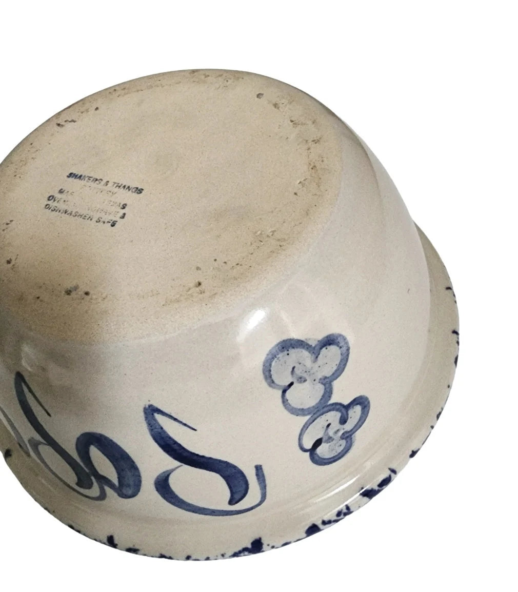 Vintage Rustic Heavy Marshall Pottery Aged Blue/White Hand Painted Spongeware Ceramic Popcorn Bowl - 10.5" - Timeless Treasures Emporium1