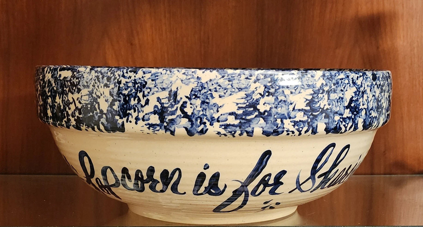 Vintage Rustic Heavy Pottery Aged Blue/White Hand Painted Large Spongeware Ceramic Popcorn Is Sharing Bowl - Timeless Treasures Emporium1