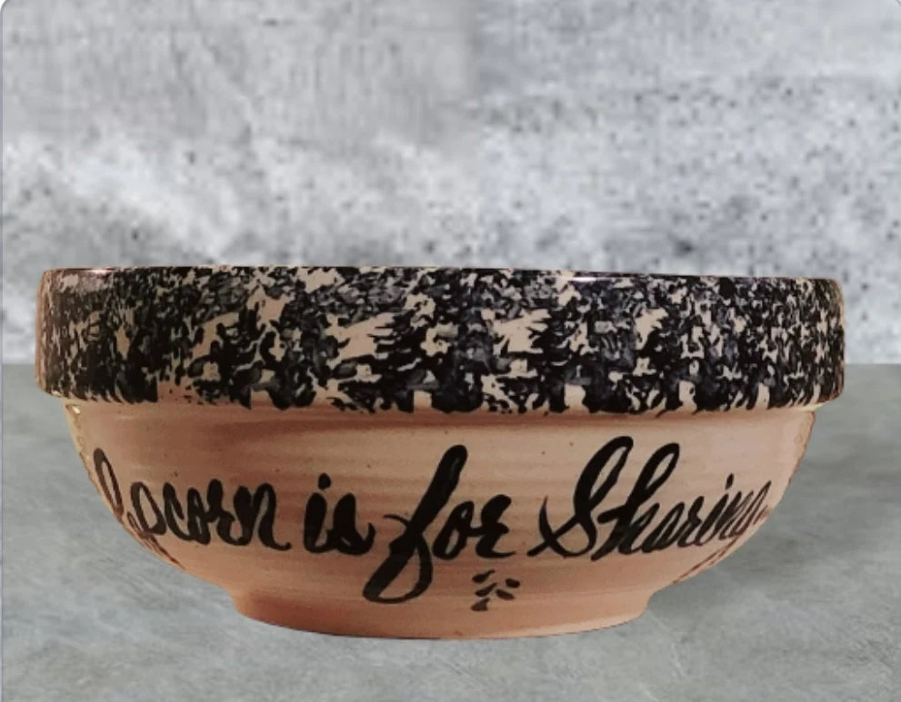 Vintage Rustic Heavy Pottery Aged Blue/White Hand Painted Large Spongeware Ceramic Popcorn Is Sharing Bowl - Timeless Treasures Emporium1