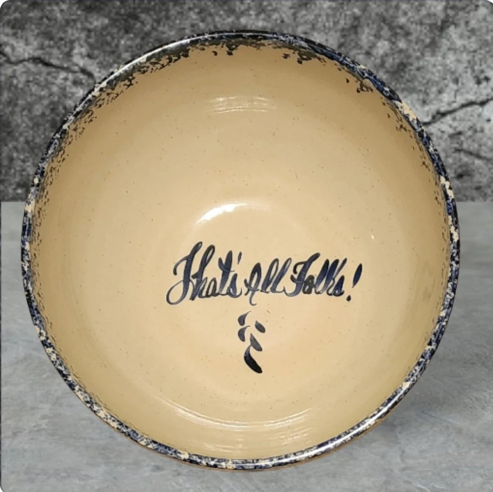 Vintage Rustic Heavy Pottery Aged Blue/White Hand Painted Large Spongeware Ceramic Popcorn Is Sharing Bowl - Timeless Treasures Emporium1