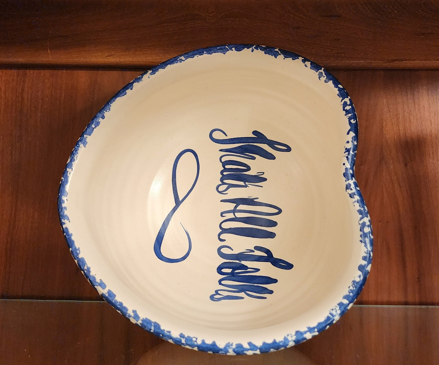 Vintage Rustic Heavy Marshall Pottery Aged Blue/White Hand Painted Spongeware Ceramic Love That Popcorn Bowl - Timeless Treasures Emporium1