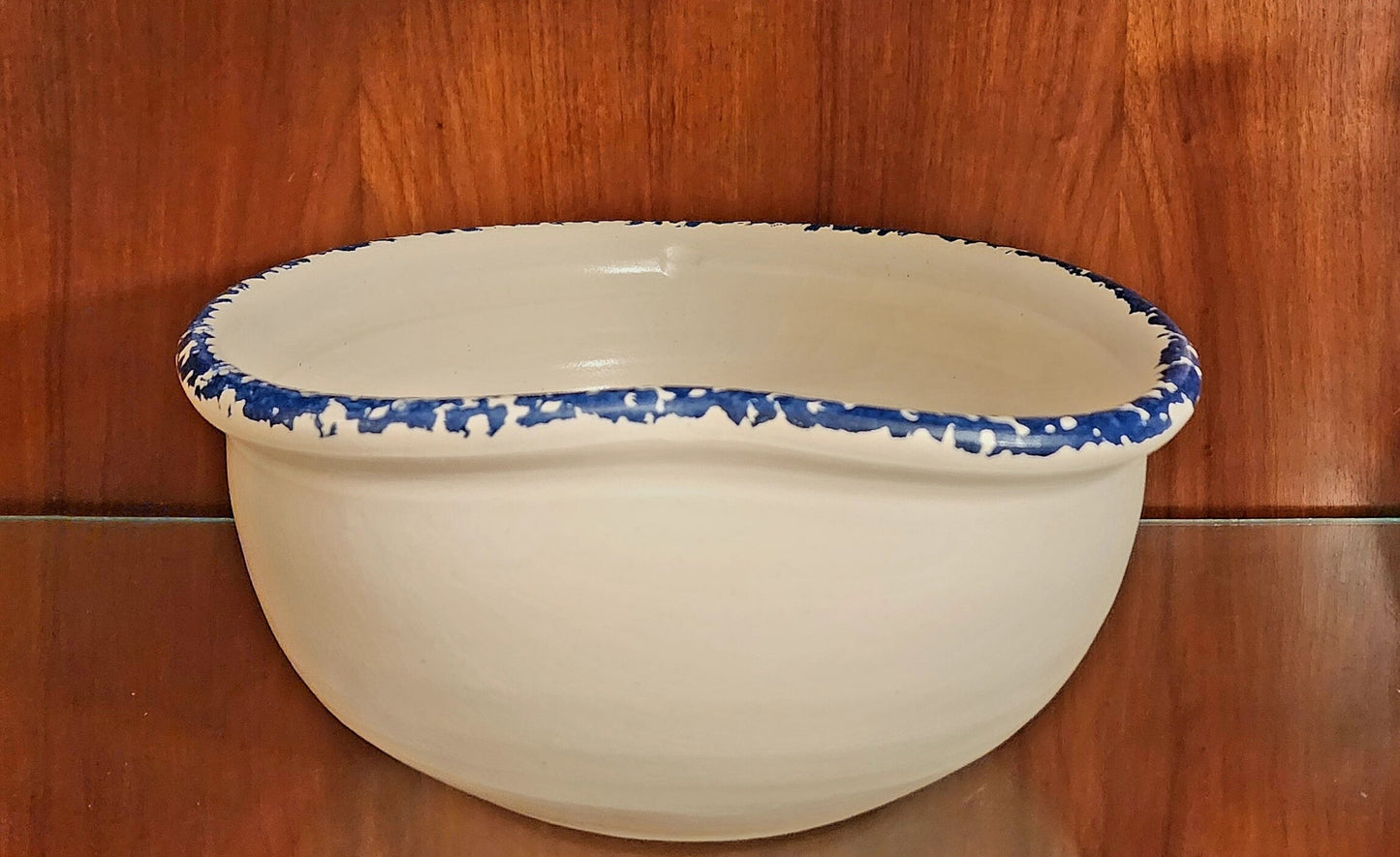 Vintage Rustic Heavy Marshall Pottery Aged Blue/White Hand Painted Spongeware Ceramic Love That Popcorn Bowl - Timeless Treasures Emporium1
