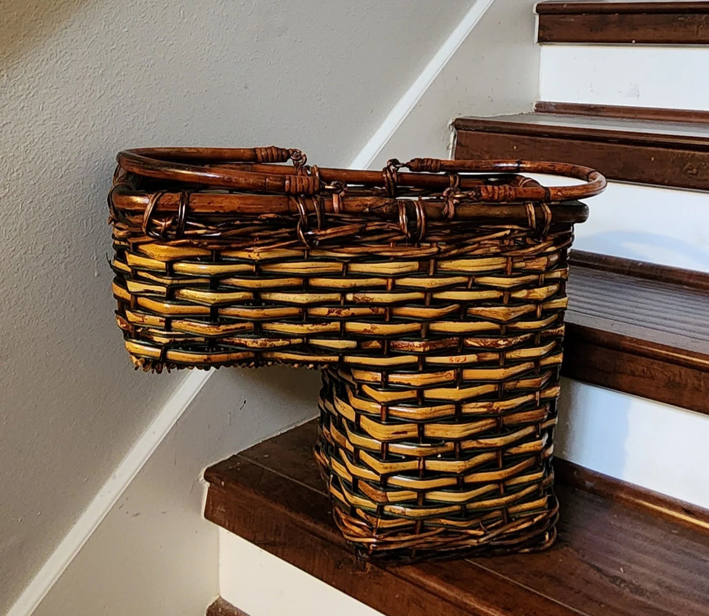 Two-Tone Wicker/Rattan Decorative Storage Stair Basket with Double Handles (Brown) Decor ~ 17