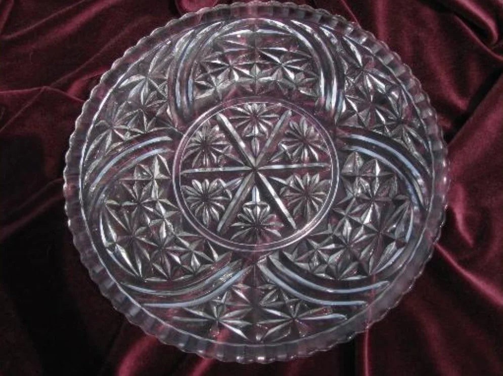 Vintage. Anchor Hocking Early American Pressed Glass Round Stars and Bars Torte Cake Plate Serving Platter 12.5" - Timeless Treasures Emporium1