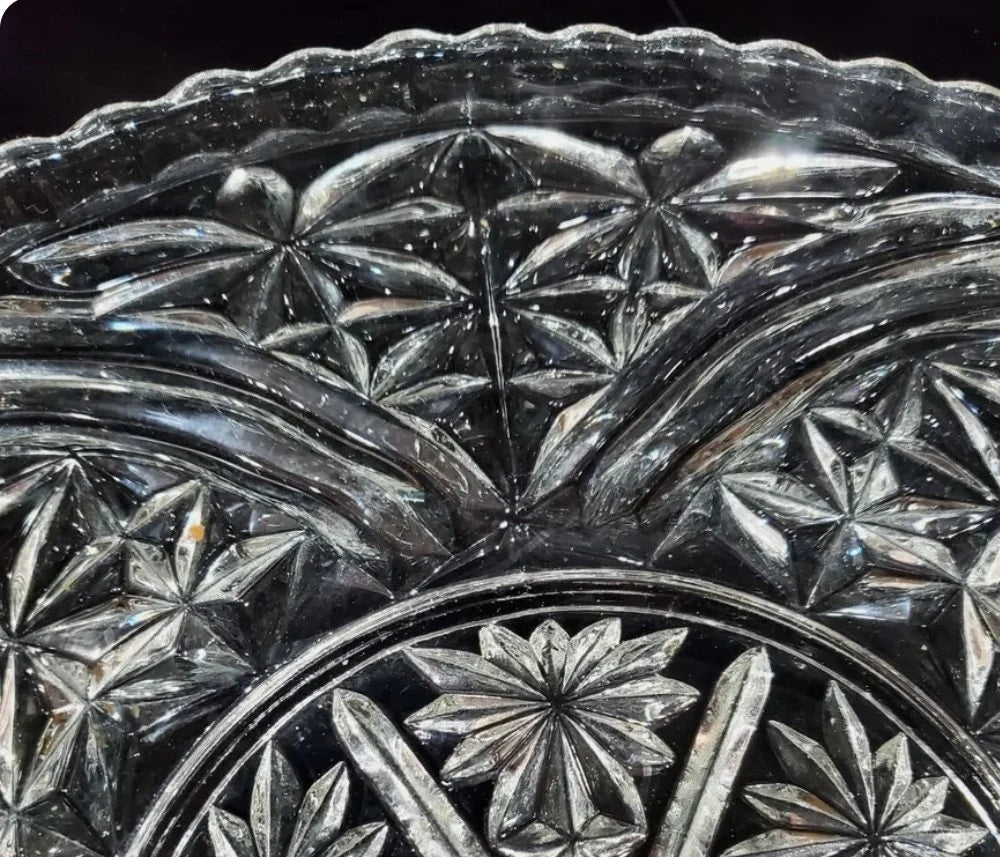 Vintage. Anchor Hocking Early American Pressed Glass Round Stars and Bars Torte Cake Plate Serving Platter 12.5" - Timeless Treasures Emporium1