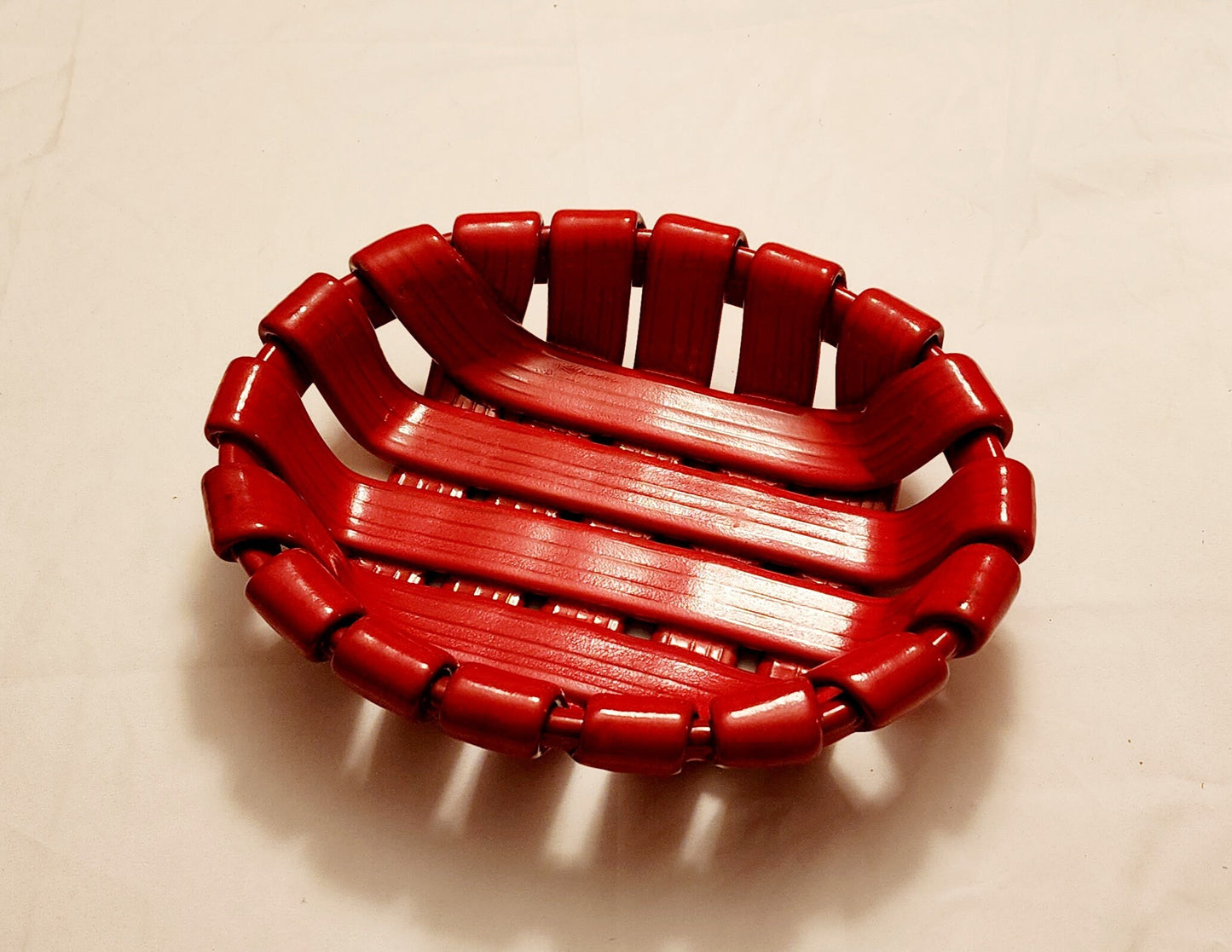 Vintage Heavy Red Decorative Tadinate Italy Ceramic Bread/Fruit Basket Pottery Bowl 11L x 8.75”W Red Glazed Woven Design - Timeless Treasures Emporium1