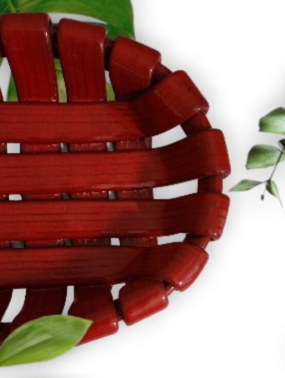 Vintage Heavy Red Decorative Tadinate Italy Ceramic Bread/Fruit Basket Pottery Bowl 11L x 8.75”W Red Glazed Woven Design - Timeless Treasures Emporium1