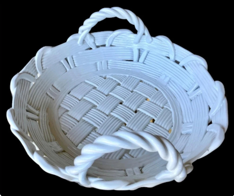 White Italian Terraglia Bianca Ceramic "Woven" Tray Basket - Mid 20th-Century Vintage ~ 13" - Timeless Treasures Emporium1