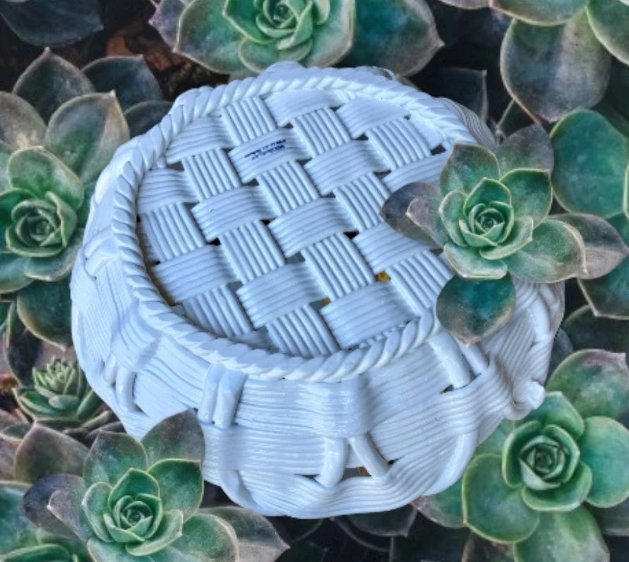 White Italian Terraglia Bianca Ceramic "Woven" Tray Basket - Mid 20th-Century Vintage ~ 13" - Timeless Treasures Emporium1