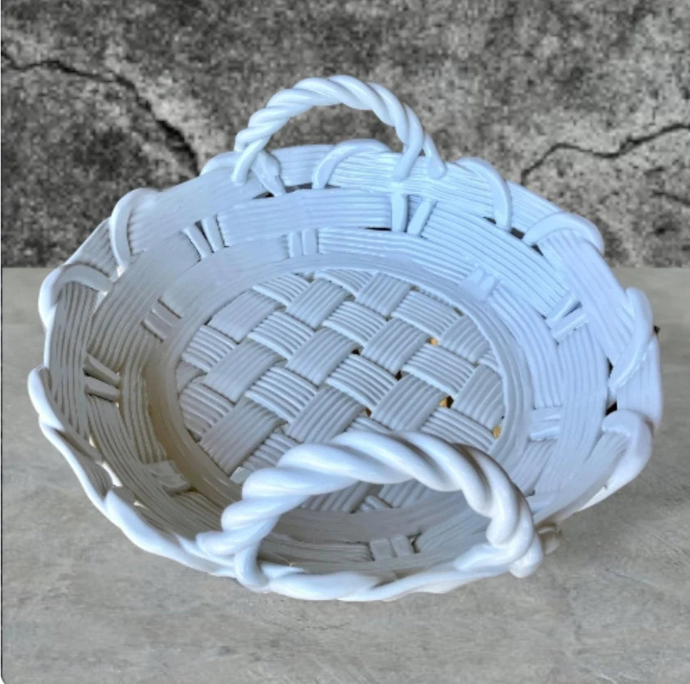 White Italian Terraglia Bianca Ceramic "Woven" Tray Basket - Mid 20th-Century Vintage ~ 13" - Timeless Treasures Emporium1