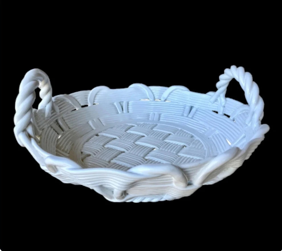 White Italian Terraglia Bianca Ceramic "Woven" Tray Basket - Mid 20th-Century Vintage ~ 13" - Timeless Treasures Emporium1