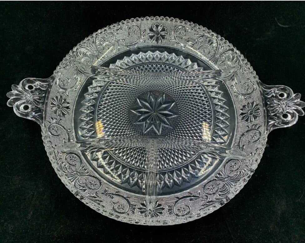 Vintage Duncan Miller “SANDWICH” Pattern #41 sectioned EAPG Clear Cut Glass Serving Platter 12” B16