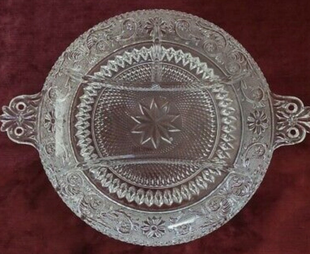 Vintage Duncan Miller “SANDWICH” Pattern #41 sectioned EAPG Clear Cut Glass Serving Platter 12” B16